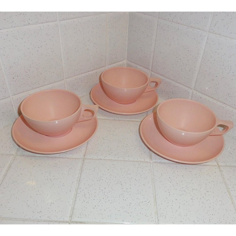 Vintage Melmac Three Pink Tea Cups & Saucers Stetson Dinnerware mcm